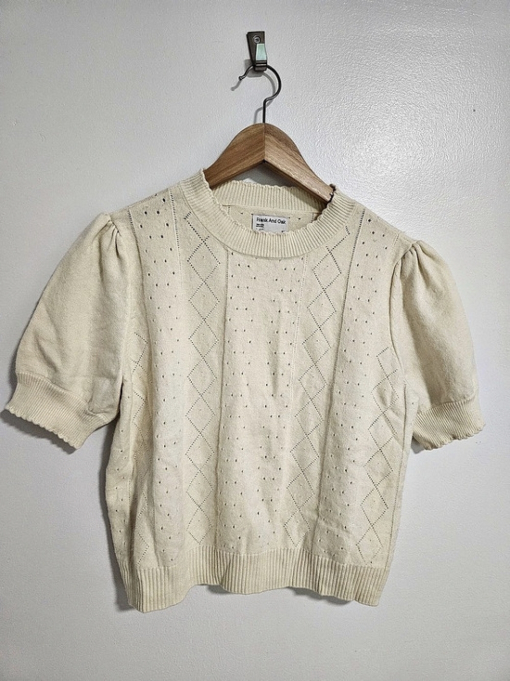 Frank And Oak Cream Pointelle Knit Cream Sweater Size L Short Sleeves